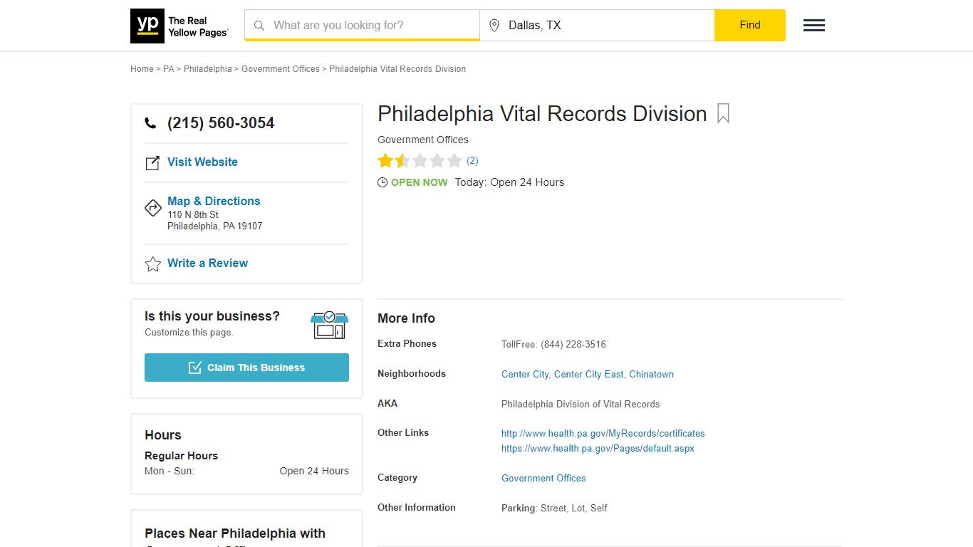 Philadelphia Vital Records Division 110 N 8th St, Philadelphia, PA ...